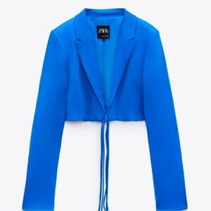 Zara Blue Cropped Blazer with Drawstring Detail